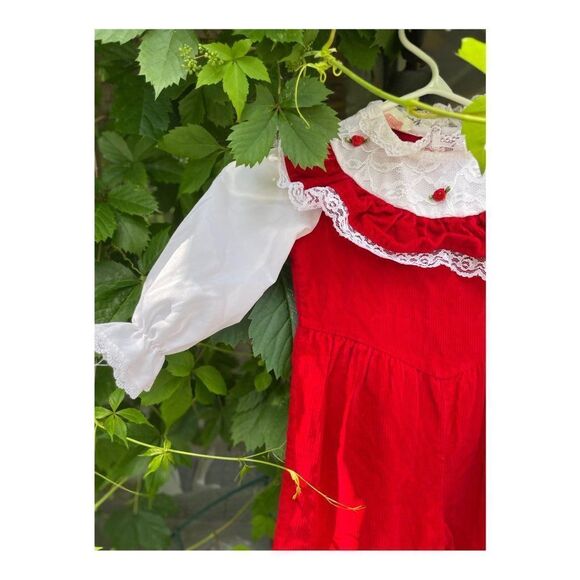 Vintage 80s Red Velvet Corduroy Romper Suit Formal White Lace One Piece Sz 3 - Picture 4 of 14